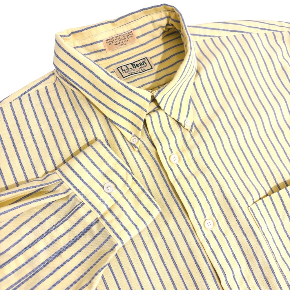 L.L. Bean Button Down Shirt Men 2XL Yellow Blue Striped Oxford Chest Pocket Big
